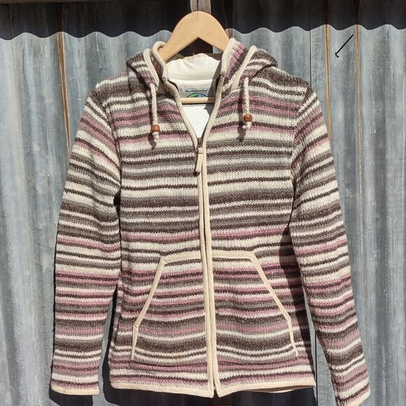 Laundromat Sweaters - Laundromat Nepal 100% Wool Striped Hooded Sweater Jacket Full Zip Women Medium
